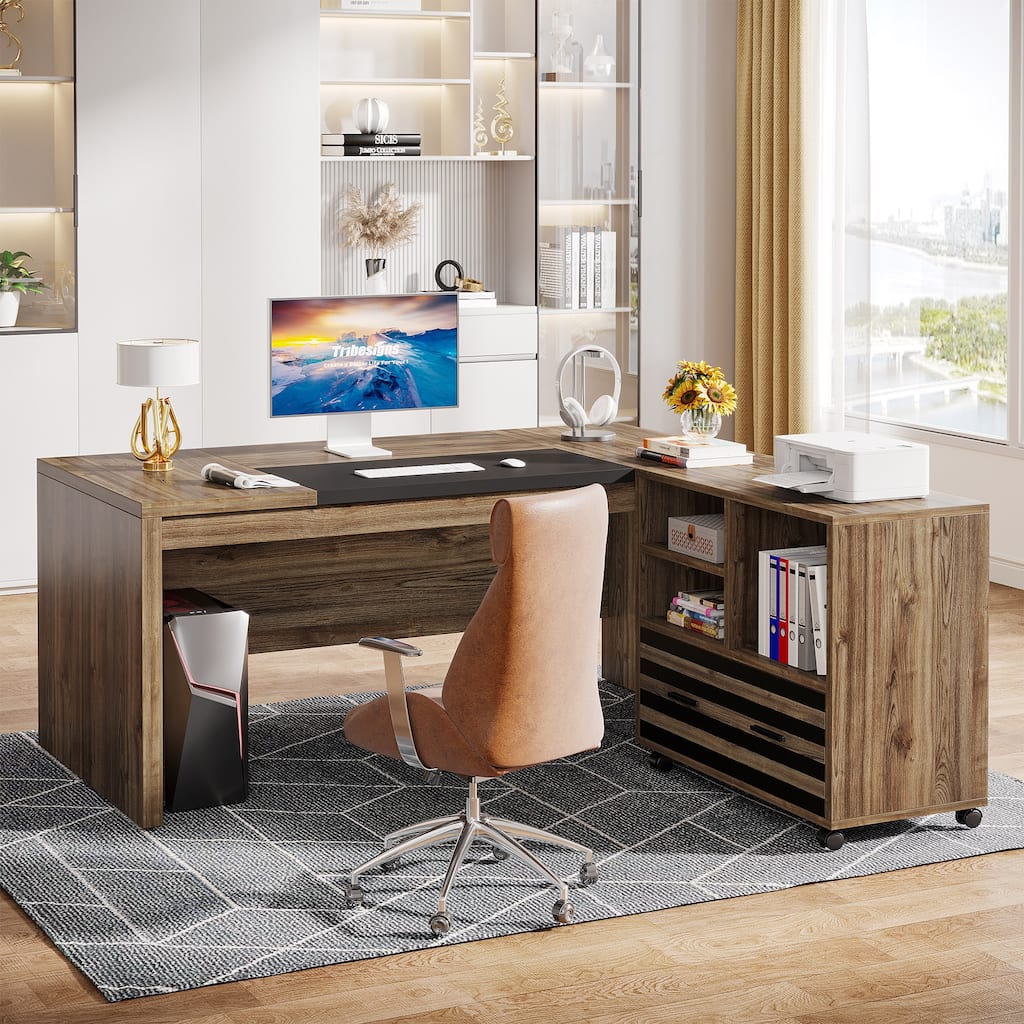 62.2" Executive Desk with Mobile File Cabinet, L-Shaped Office Desk for Home Office