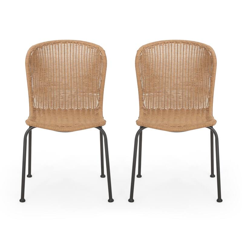 Outdoor Patio Chair Set of 2, Rattan Light Brown Wicker Weave, Scrolled