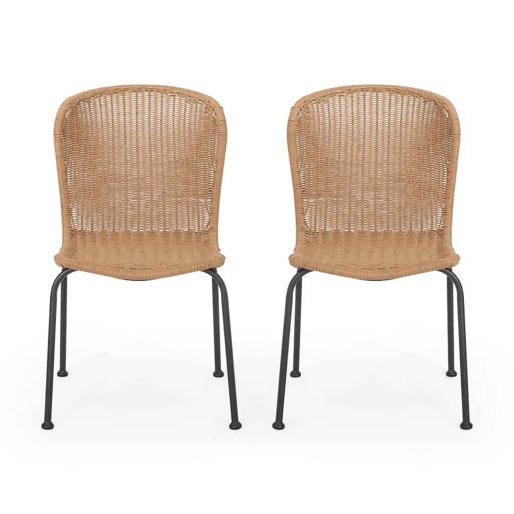 Outdoor Patio Chair Set of 2, Rattan Light Brown Wicker Weave, Scrolled