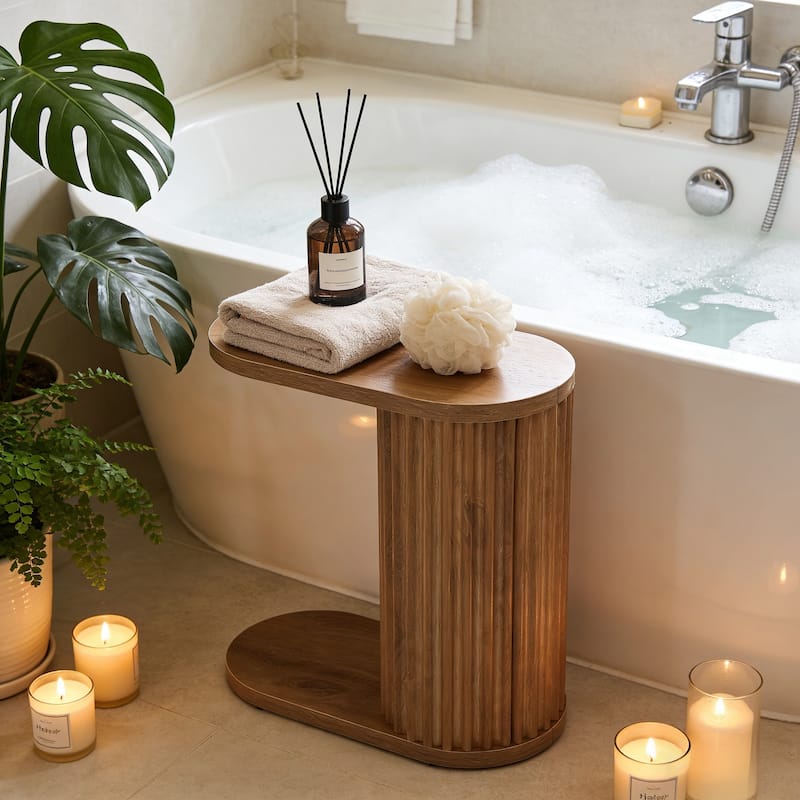 Fluted C-Shaped End Table, Modern Narrow Side Table with Oval Top