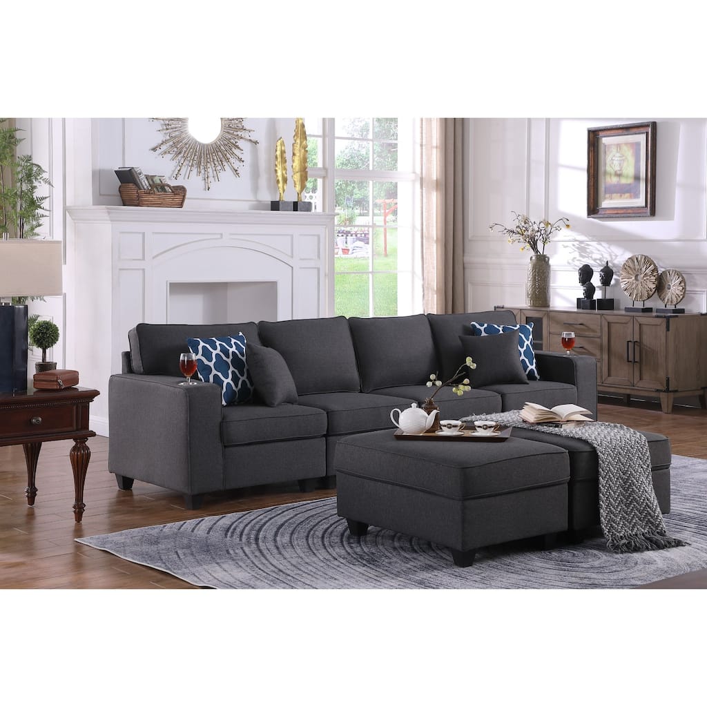 Linen Upholstered Linen 4-Seater Sofa with 2 Ottomans in Dark Gray