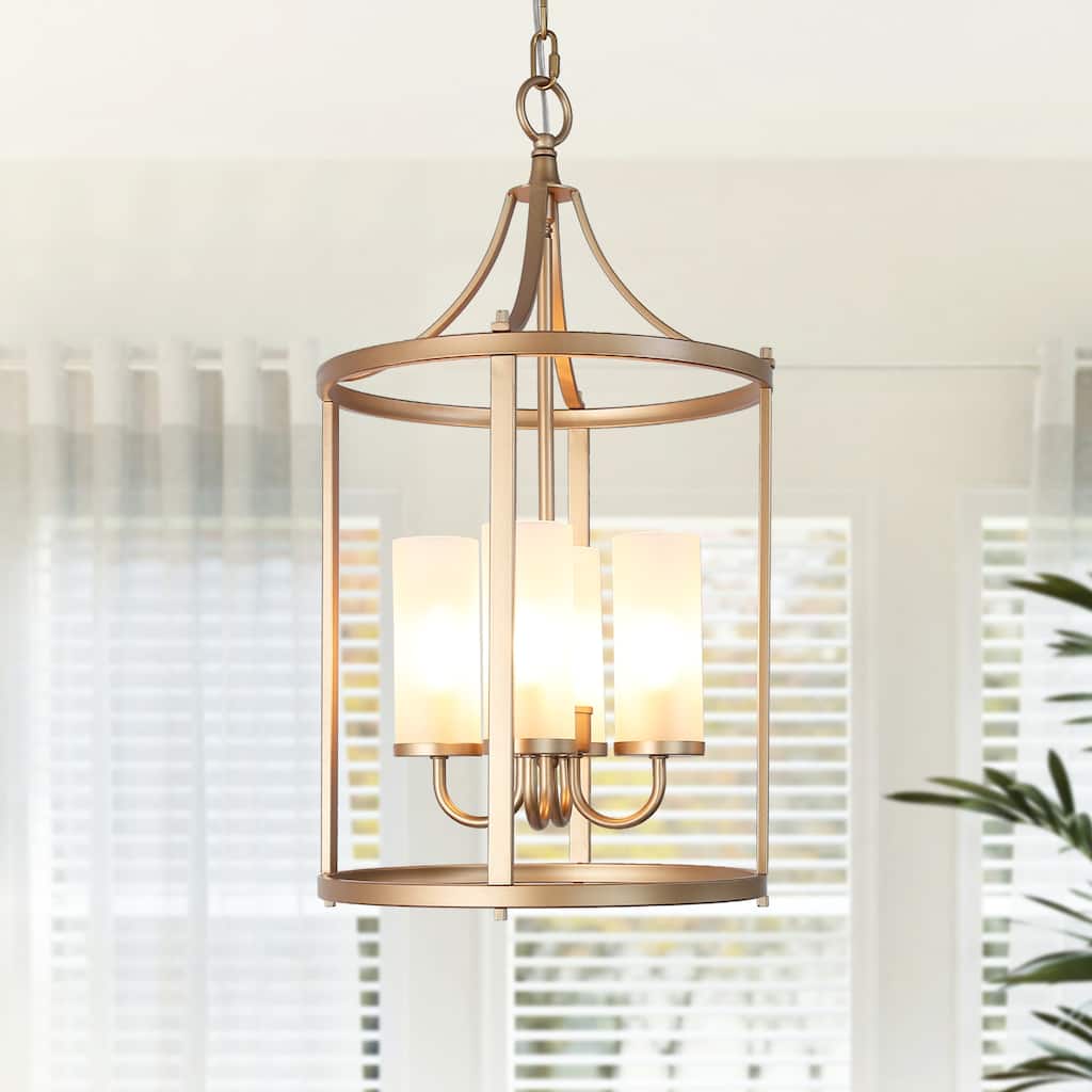 Mid-century Modern Gold 4-Light Chandelier Lantern Pendant Light for Kitchen Island - 12" D x 23" H