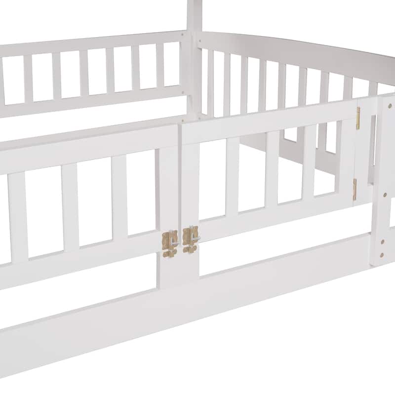 Solid Pinewood Floor Bunk Bed Frame with Slide and Ladder, Twin/Full Size Low Bunk Bed with Fence and Door for Kids Teens