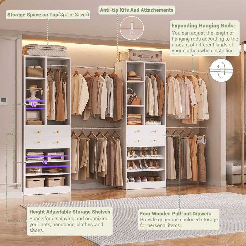 Set of 2 Closet System with 6 Hanging Rods and 4 Drawers, Adjustable Closet System with Shelves and Shoe Rack