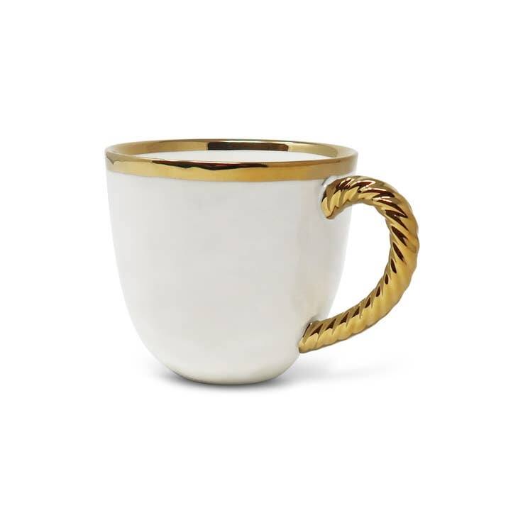 Set of 4 New Bone China Coffee Mugs with Gold Rope Handle - 11.75 oz