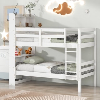 White Solid Wood Detachable Bunk Beds with Bookcase Headboard, Safety Rail, Ladder, Converts to 2 Beds