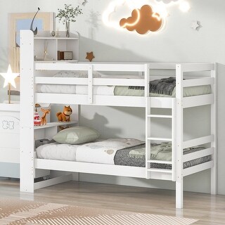 White Twin over Twin Bunk Bed with Bookcase & Ladder