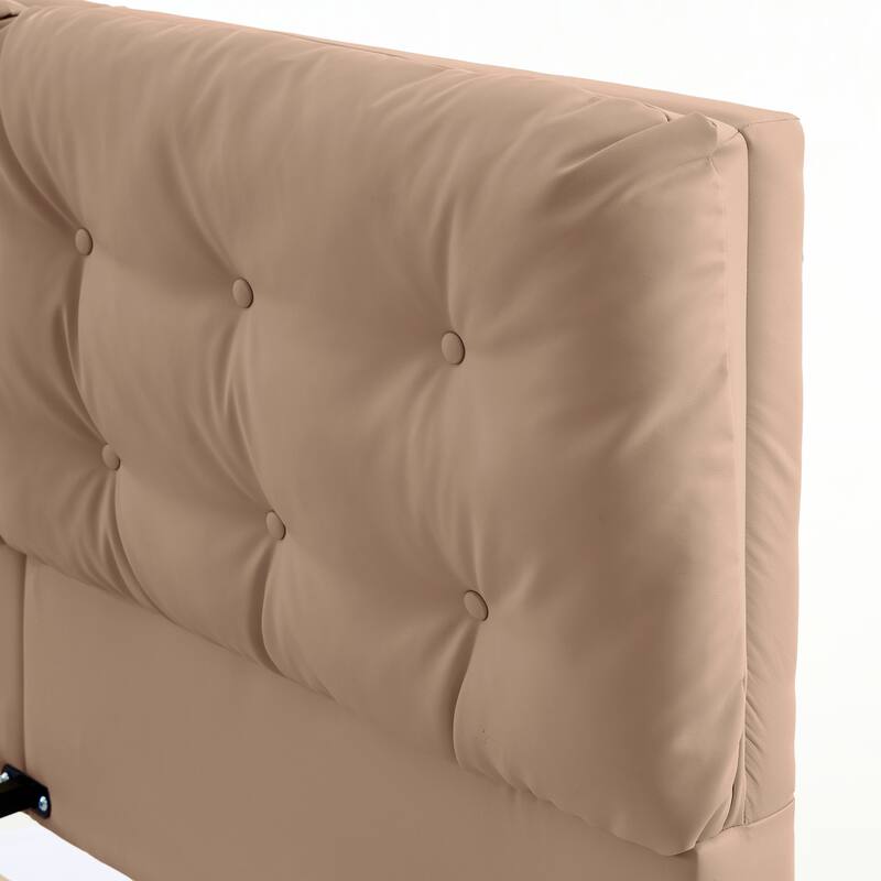 Queen Size LED Upholstered Platform Bed with Button-Tufted Headboard, Easy Assembly, No Box Spring Needed, Khaki