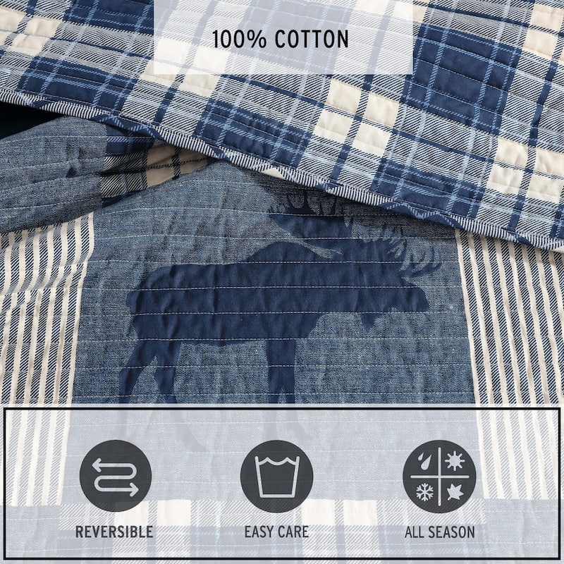 Eddie Bauer Moose Plaid Pinstripe Patchwork Cotton Blue Quilt Set