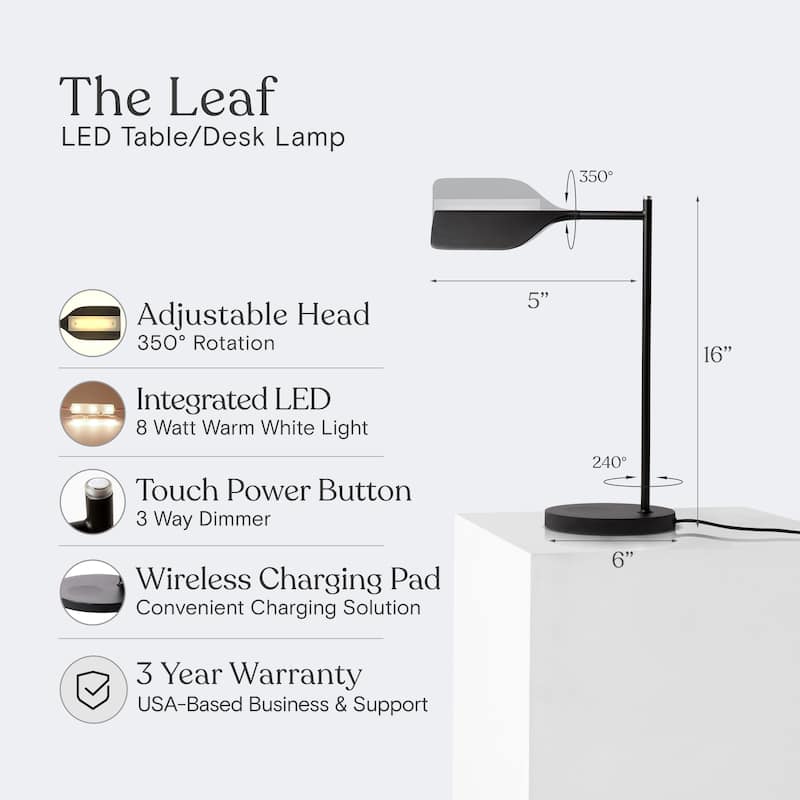 Brightech Leaf 16 in. Classic Black Dimmable LED Contemporary Desk Lamp with Wireless Charging Pad and Adjustable Lamp Head
