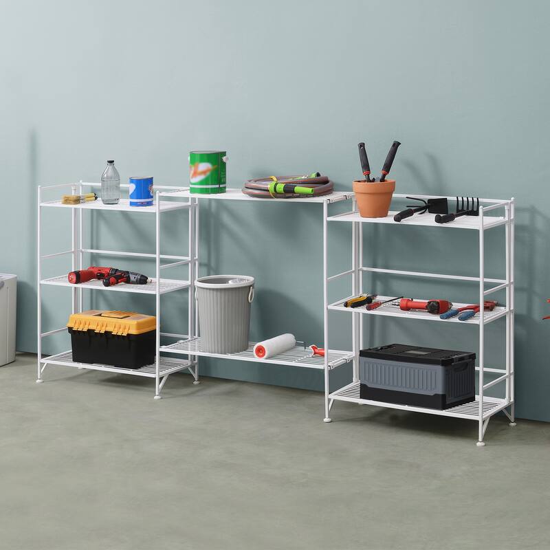 Xtra Storage 3 Tier Wide Folding Metal Shelves with Set of 2 Deluxe Extension Shelves - White