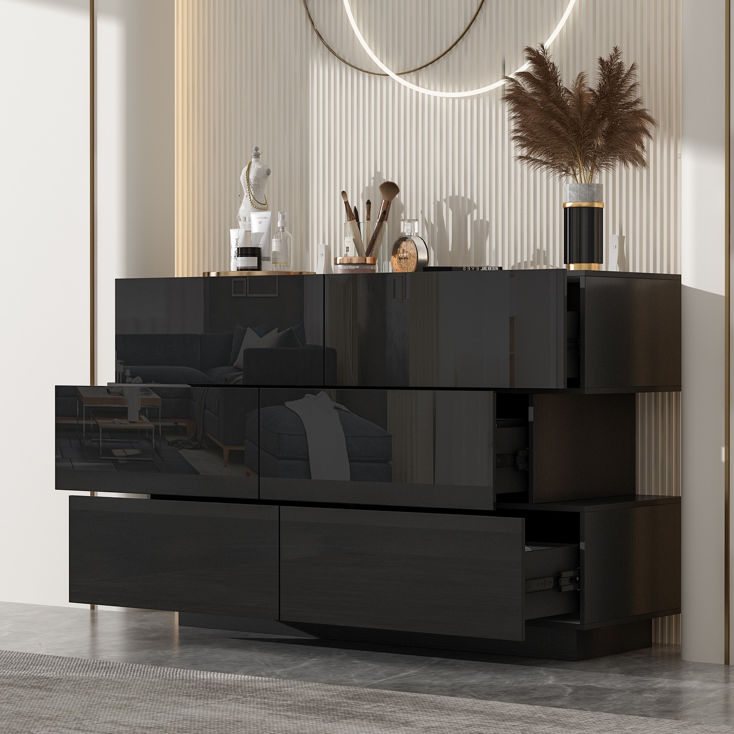 black gloss dresser NOAH - Chest of 3 Drawers and 3 Doors - Bedroom Dresser Storage Cabinet Sideboard - Anthracite / Black Gloss H29 1/2" W47 1/4" D13 3/4"