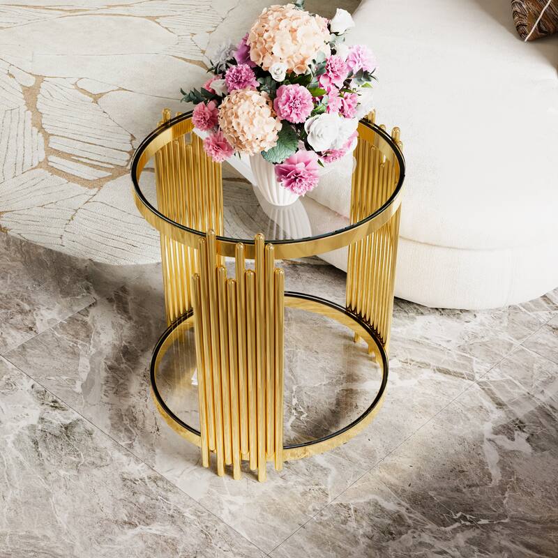 19.8" Modern Transparent Glass End Table for Living Room, Round, Asymmetrical Metal, Gold Finish & Lower Shelf