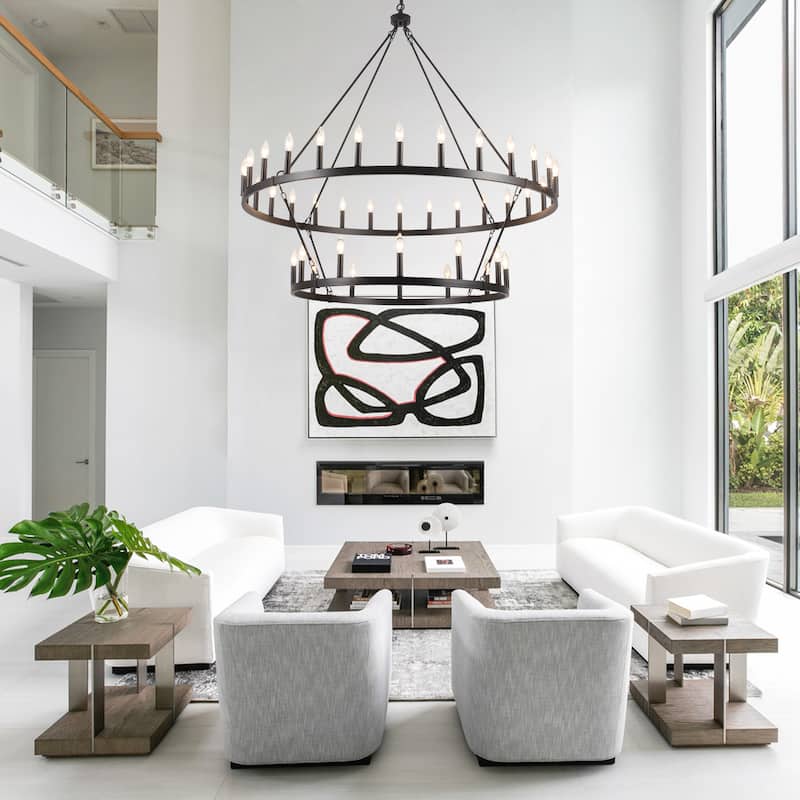 40-Light Candlestick Circle Wagon Wheel Chandelier 2-Tier Farmhouse Chandelier Lighting for Kitchen Island