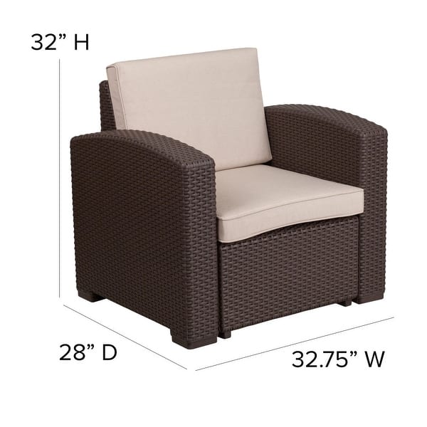 dimension image slide 1 of 3, Faux Rattan Chair with All-Weather Cushion