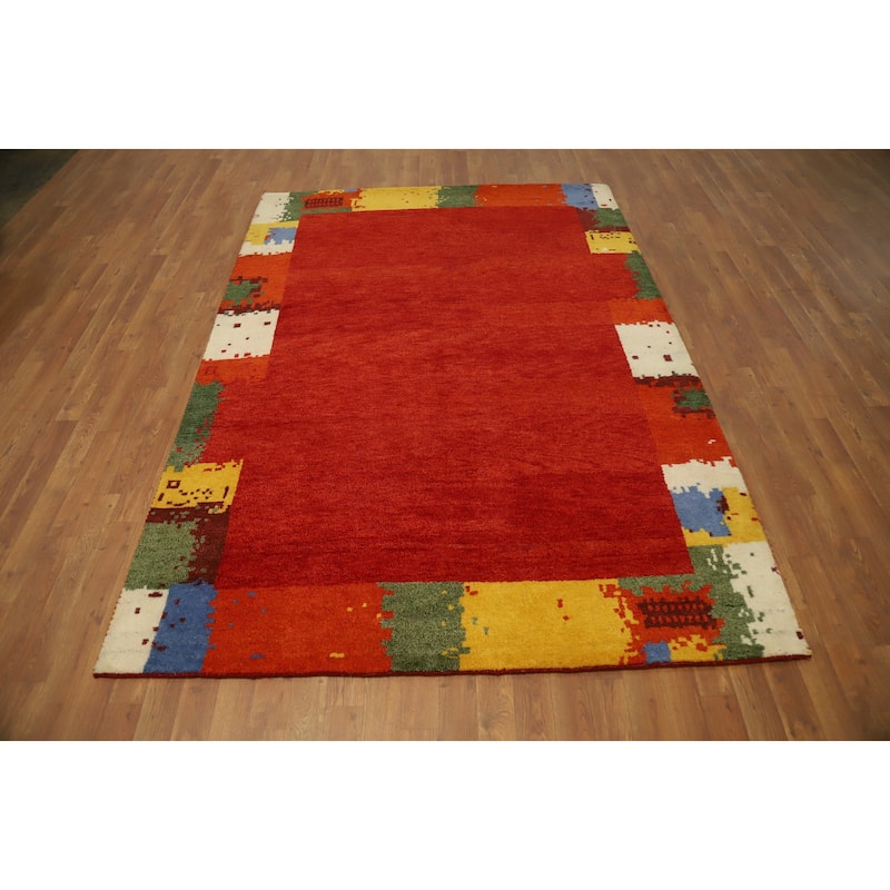 Hand Knotted Oriental 100% Wool Carpet Modern Bordered Oranges & Rust Gabbeh Area Rug - 7' 9'' X 5' 7''