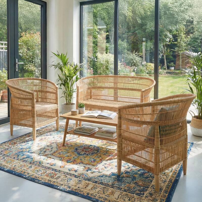 100% Handwoven Natural Rattan 3-Piece Indoor Seating Set with 2 Chairs and Loveseat, Solid Wood Frame, Boho Farmhouse - Natural