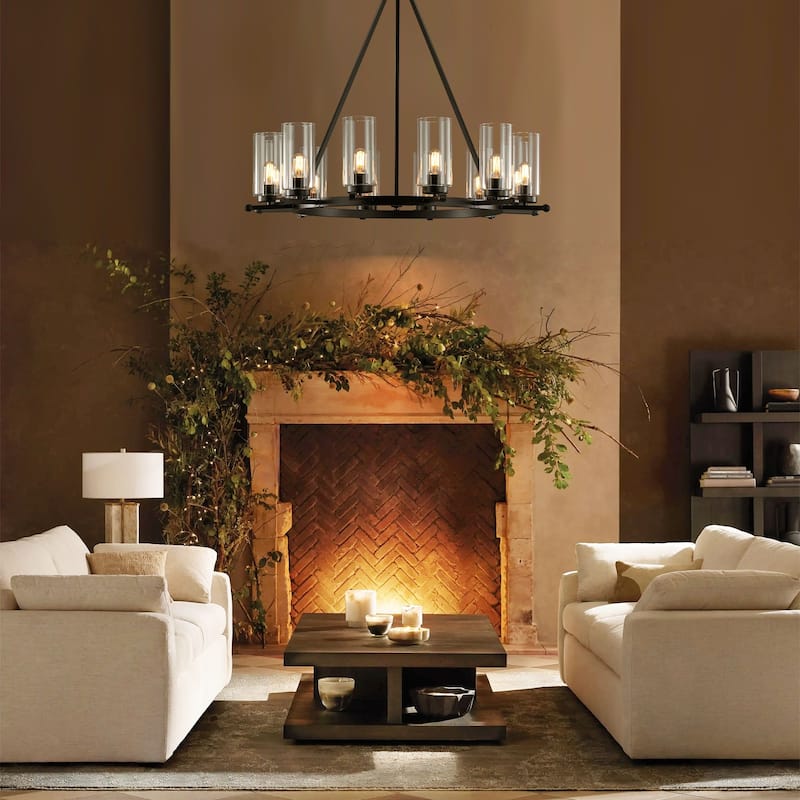 12-Light Mid-Century Modern Black Wagon Wheel Chandelier with Clear Glass Shades - 39.37 in. W x 36.61 in. H