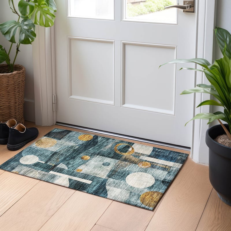 Machine Washable Indoor/ Outdoor Contemporary Deco Chantille Rug - Teal - 1'8" x 2'6"