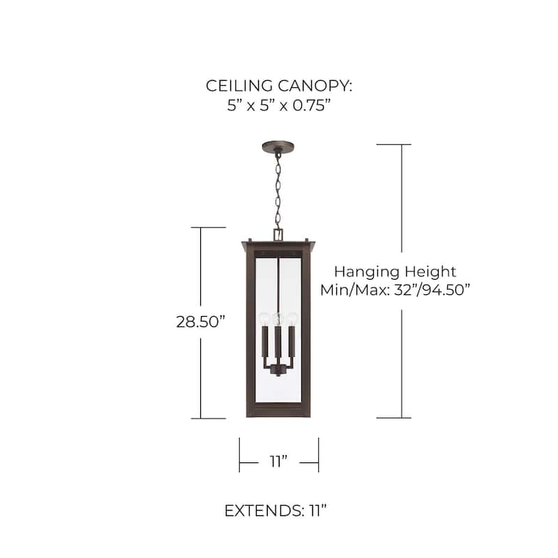 11" W x 28.5" H 4-Light Outdoor Rectangular Hanging Lantern with Clear Glass - 11"W x 28.5"H