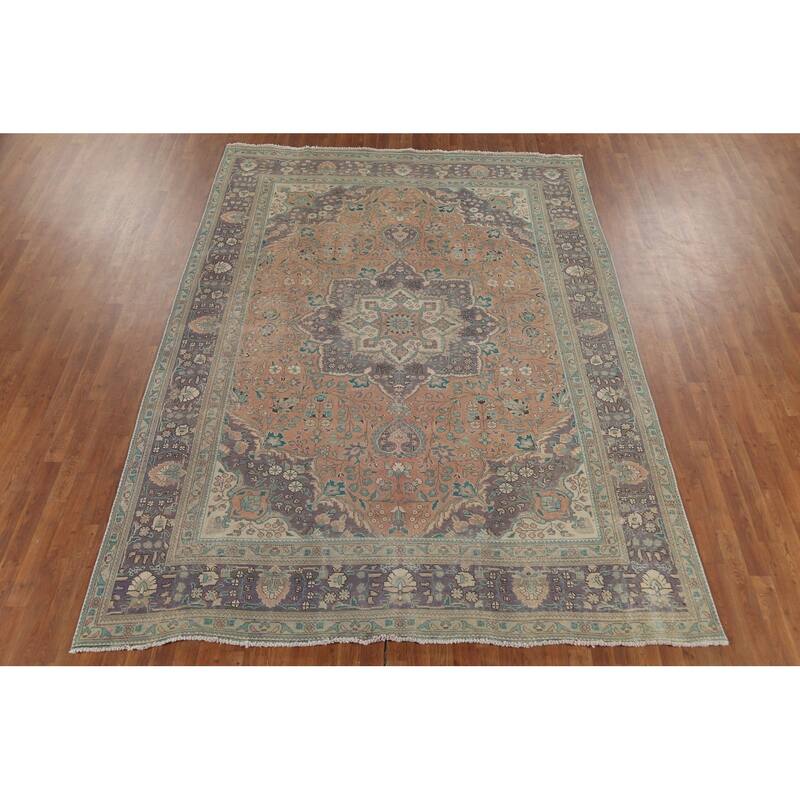 Distressed Tabriz Persian Vintage Rug Hand-Knotted Peach Wool Carpet - 7'10"x 10'8"
