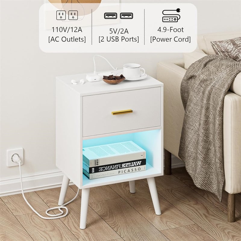 Nightstand with Charging Station and LED Lights