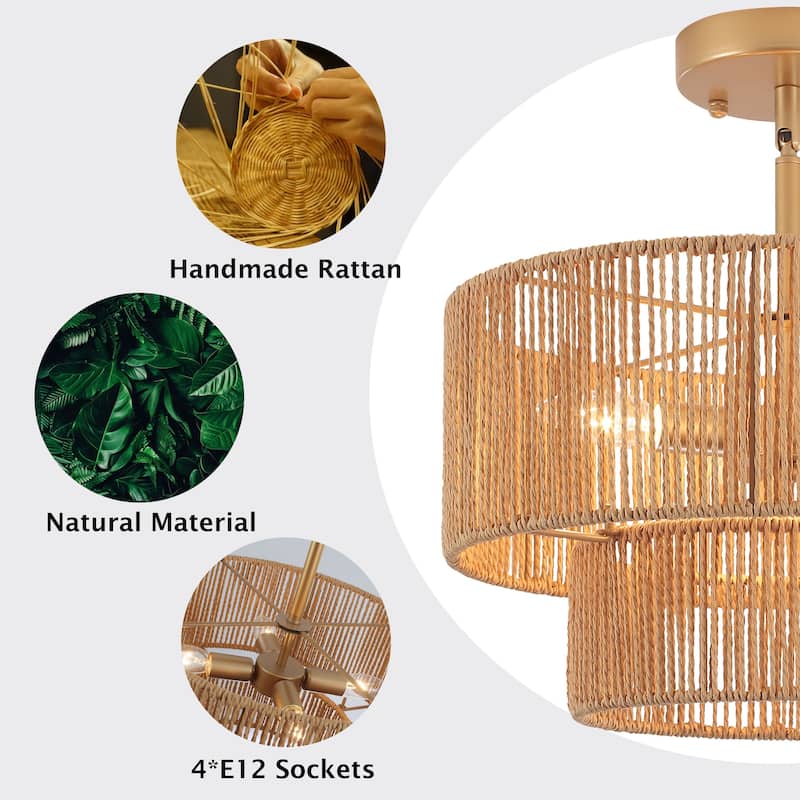 Starsky 4-Light 2-Tier Rattan Semi Flush Mount Ceiling Light