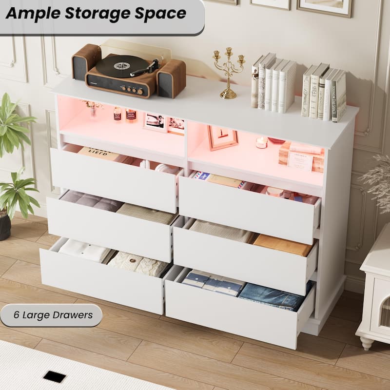 6 Drawer Dresser with LED Lights & Charging Station, Modern Chest of Drawers with Open Shelf