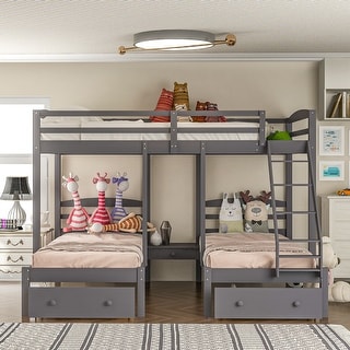 Elegant Full over Twin & Twin Triple Bunk Bed with 3 Drawers, Gray