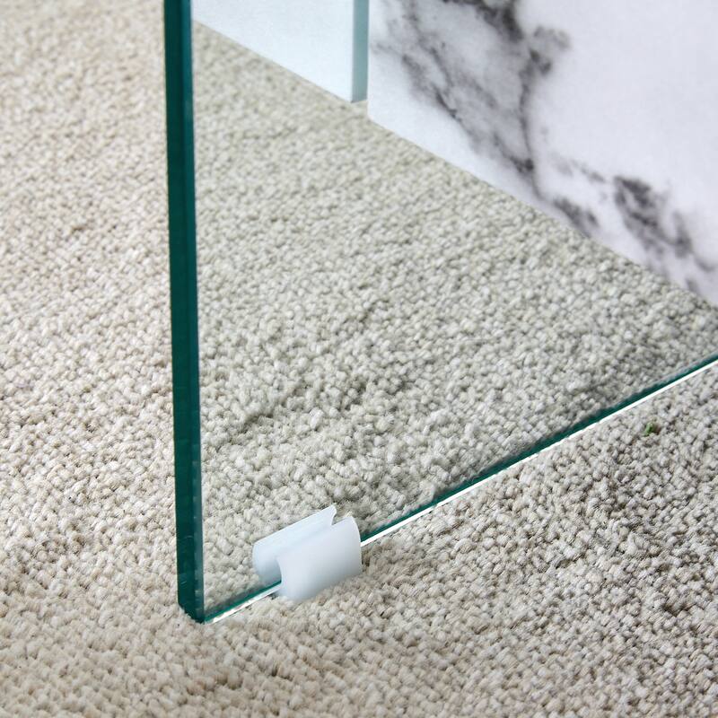 43.3 Inch Modern Two-Tier Coffee Table - Clear Tempered Glass and White Marble Texture, Multifunctional Storage Design.T