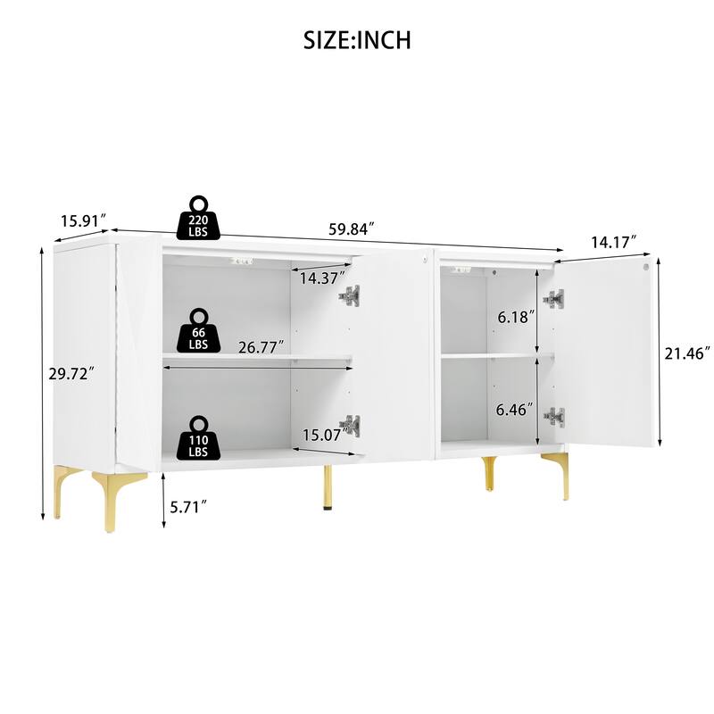 Modern light luxury style 60"L Large Storage Space Sideboard with 4 Doors and Rebound Device for Living Room and Entryway