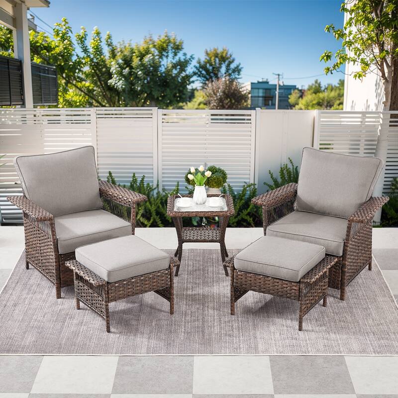 Pocassy Outdoor Swivel Chairs with Sofa Chair Ottoman and Table Set - Brown Wicker Gray Cushion - 5-Piece Patio Chair Ottoman with Side Table