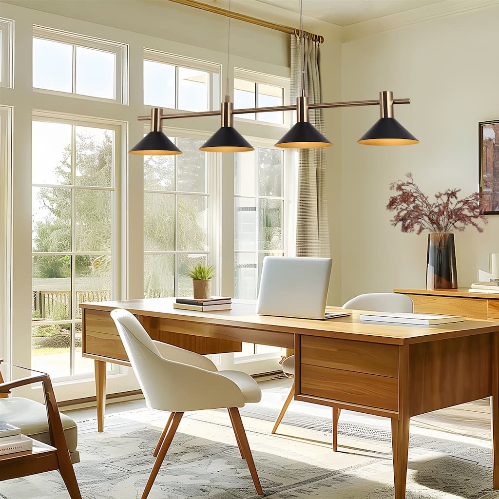 Modern Linear 4-Light 38.5" L Black Gold Bowl-shaped LED Chandelier Industrial Metal Kitchen Island Lights for Dining Room