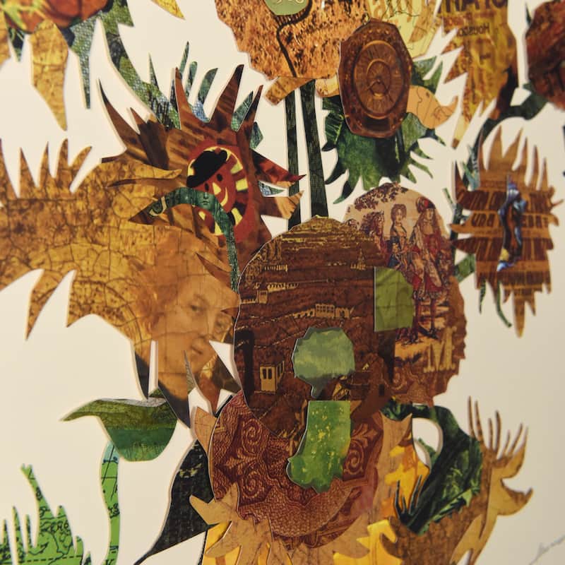 "Sunflower Embrace" Alex Zeng's Signed Hand-made Dimensional Wall Art Collage, under glass with frame