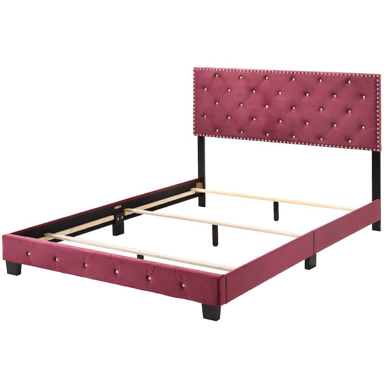Full Tufted Faux Jewel Velvet Upholstered Panel Bed - 77" - Red