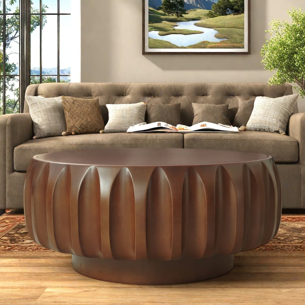 31.5" Solid Wood Coffee Table with 3D Relief Frame and Mountain-Grain Veneer Top