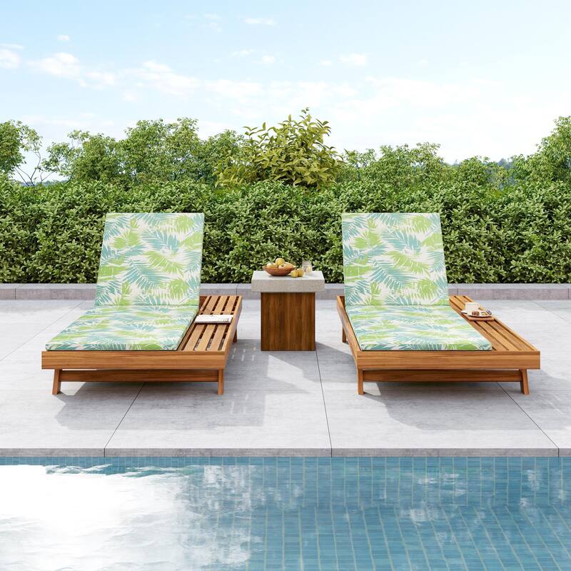 One-sided Open Storage Lounge Chairs Outdoor Patio Acacia Wood Chaise Lounge with Adjustable Backrest & Water-repellent Cushions - 2" Green Leaf Cushions - 2pc
