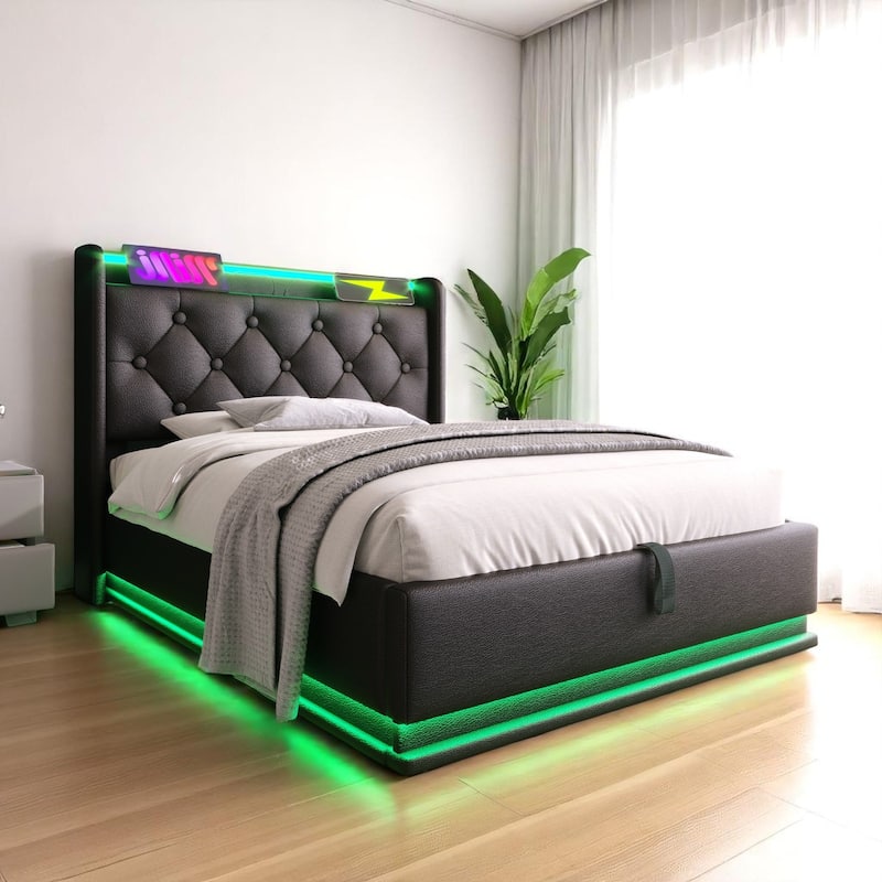 Twin/Full/Queen/King Upholstered Storage Bed with 360掳 LED, USB Type-C Charging, Remote/App Control, Black PU - Black - Twin