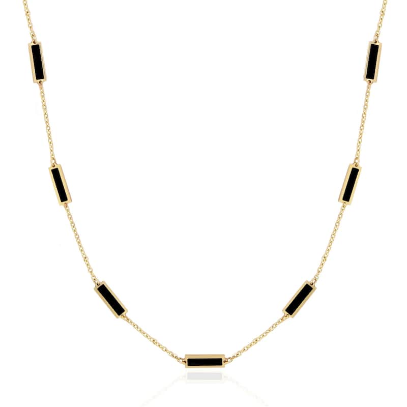 Curata 14k Yellow Gold Italian 18" Inlaid Genuine Gemstone 10X2mm Bar Station Necklace - Black Onyx