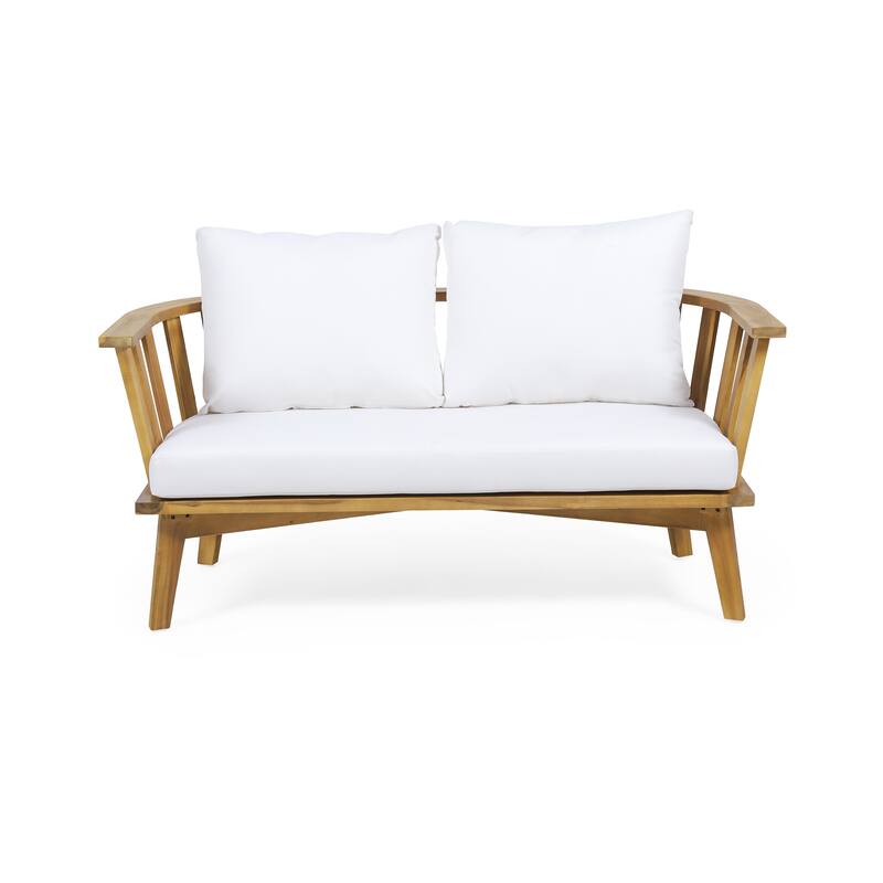Outdoor Wooden Loveseat with Cushions - White/Teak - 55.50" W x 27.00" D x 25.50" H