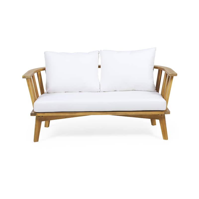 Roomfitters Outdoor Wooden Loveseat with Cushions, White and Teak Finish, Weather-Resistant Teak Wood