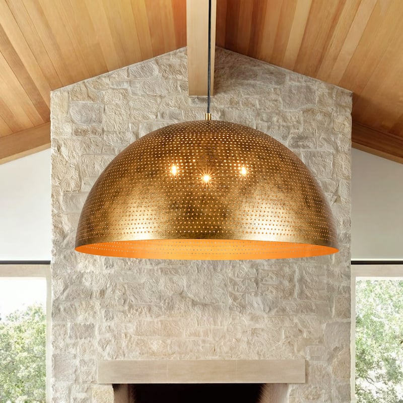 Rennnsan 3-Light Gold/Black Perforated Gold/Black Dome Pendant Light for Kitchen Island Dining Room - 23.6 in. W x 12.6 in. H - Gold