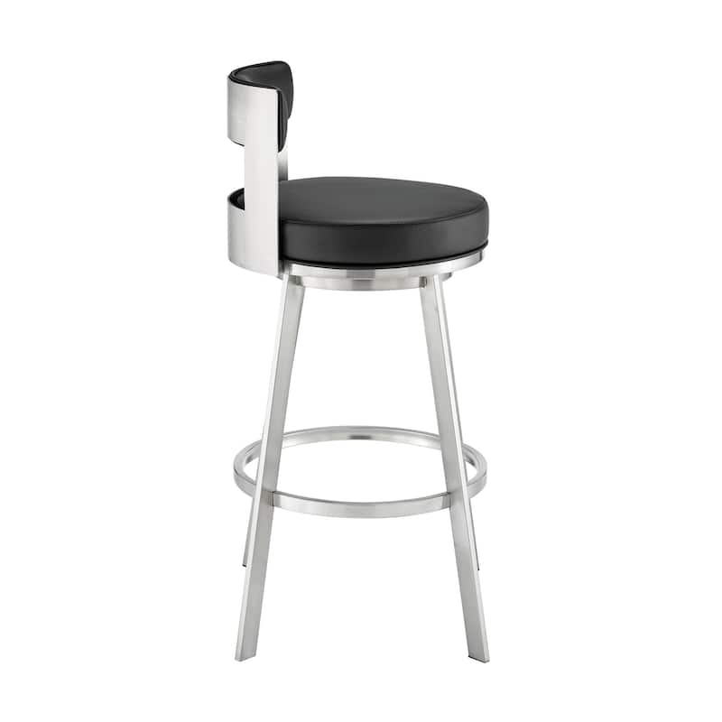 Ami 26 Inch Swivel Counter Stool Chair, Black Faux Leather, Stainless Steel