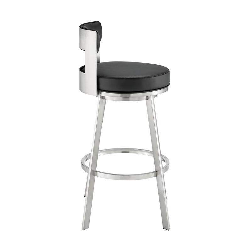 Ami 30 Inch Swivel Barstool Chair, Black Faux Leather, Stainless Steel