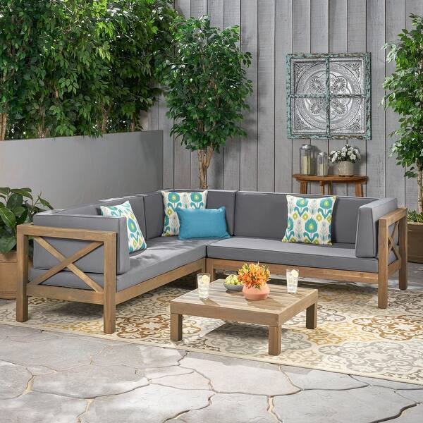 Shop Brava Outdoor 4 Piece Wood Sectional Set With Cushions By Christopher Knight Home On Sale Overstock 13160355