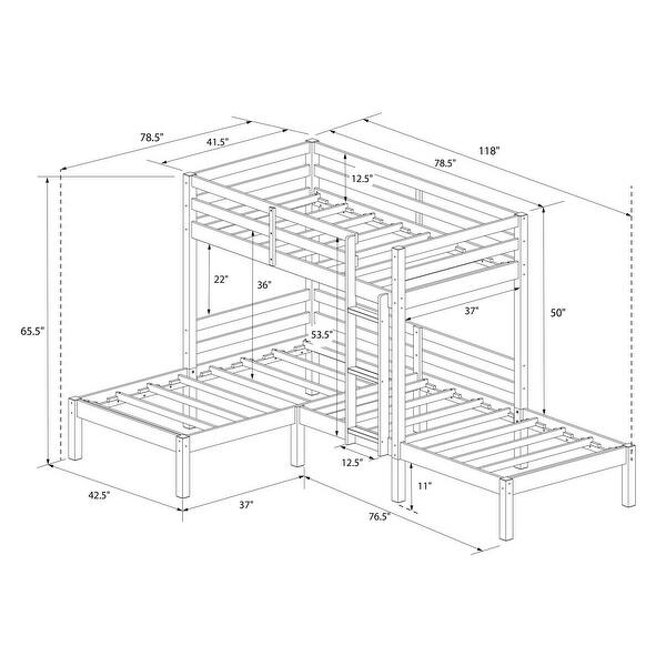 DHP Casey Kids' L-Shaped Corner Triple Bunk Bed, White