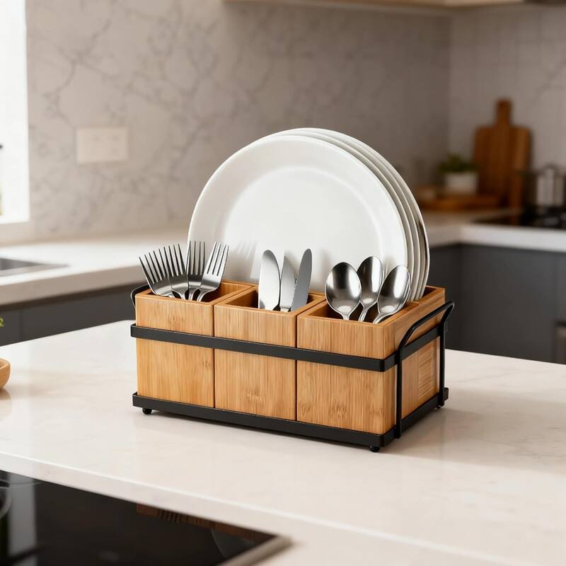 4-in-1 Kitchen Bamboo Flatware Caddy with Removable Compartments - Orange