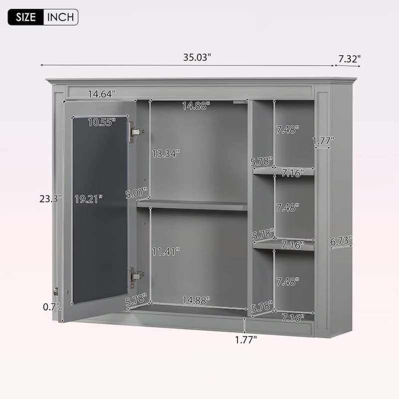 Wall-Mounted Storage Cabinet with Mirror,6 Open Shelves,Modern and Space-Saving Design for Enhanced Bathroom Organization
