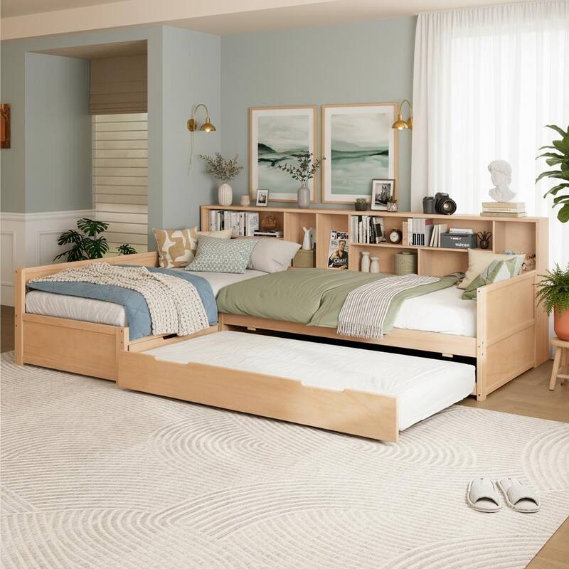 Twin L-Shaped Daybed with Built-In Bookcase, Storage Drawers & Trundle by Harper&Bright Designs
