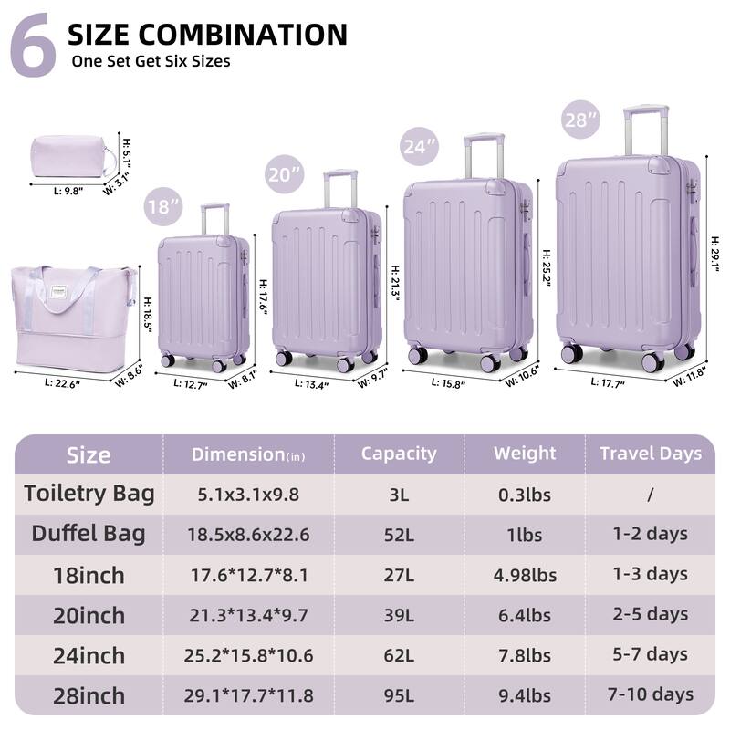 6-Piece Modern Luggage Sets, Hard-Shell Expandable Luggage with Travel Bag, TSA Lock and Spinner Wheels, for Boarding Travel